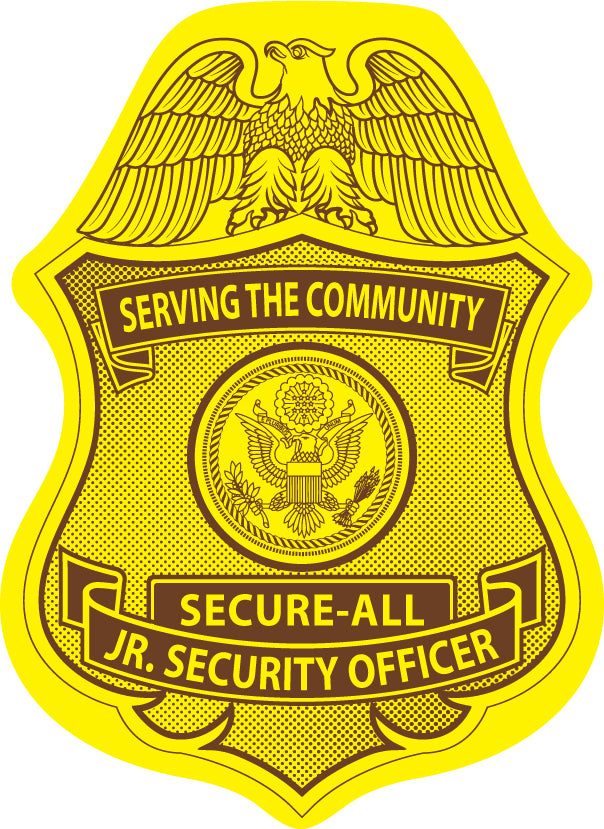Yellow security badge with an eagle emblem and text