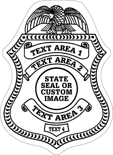 Black and white graphic of a custom police badge with text areas