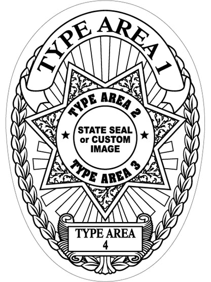 Black and white outline of a customizable sheriff's department style sticker badge with labeled sections for type area text and a placeholder reading 'STATE SEAL or CUSTOM IMAGE'.
