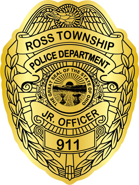 A gold County Police Department Junior Officer badge sticker with black text  - Law Enforcement