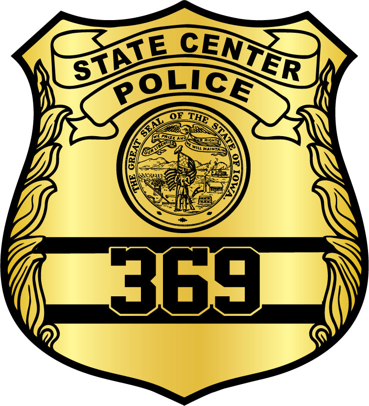 Gold police badge with Protect & Serve text 