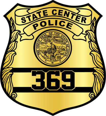 Gold police badge with Protect & Serve text 