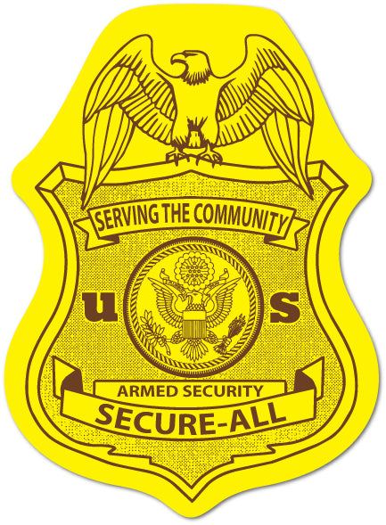 Yellow security badge with an eagle emblem and text  