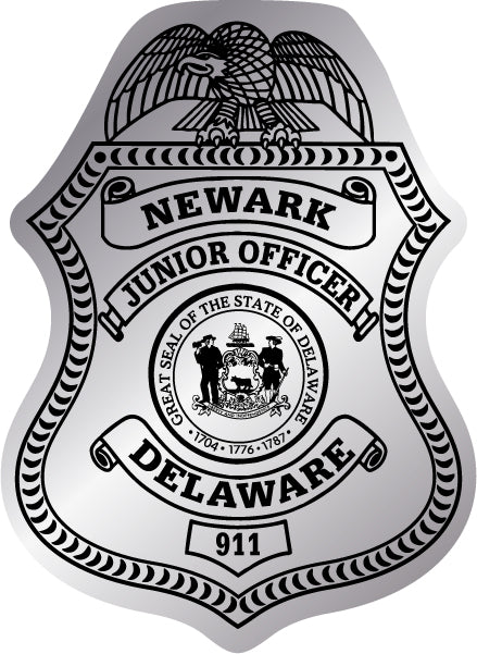 Silver Junior Officer badge sticker with police department name and state seal 