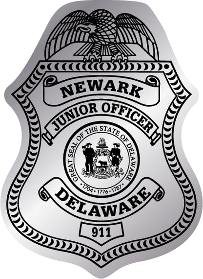Silver Junior Officer badge sticker with police department name and state seal 