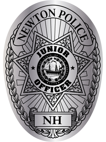 A silver novelty badge sticker designed to look like a Junior Officer Police Badge, featuring black engraved details, a state seal