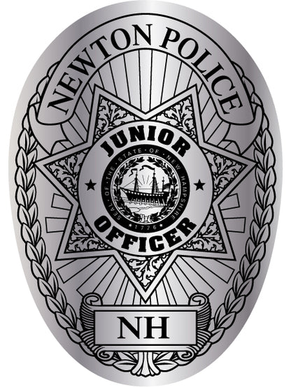 A silver novelty badge sticker designed to look like a Junior Officer Police Badge, featuring black engraved details, a state seal