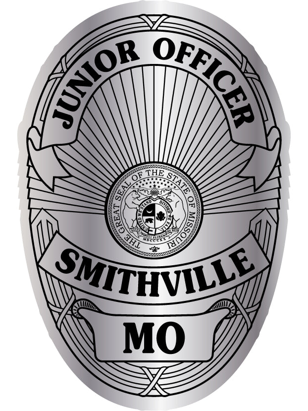 A silver and black badge design reading 'JUNIOR POLICE' and 911 with a central seal  