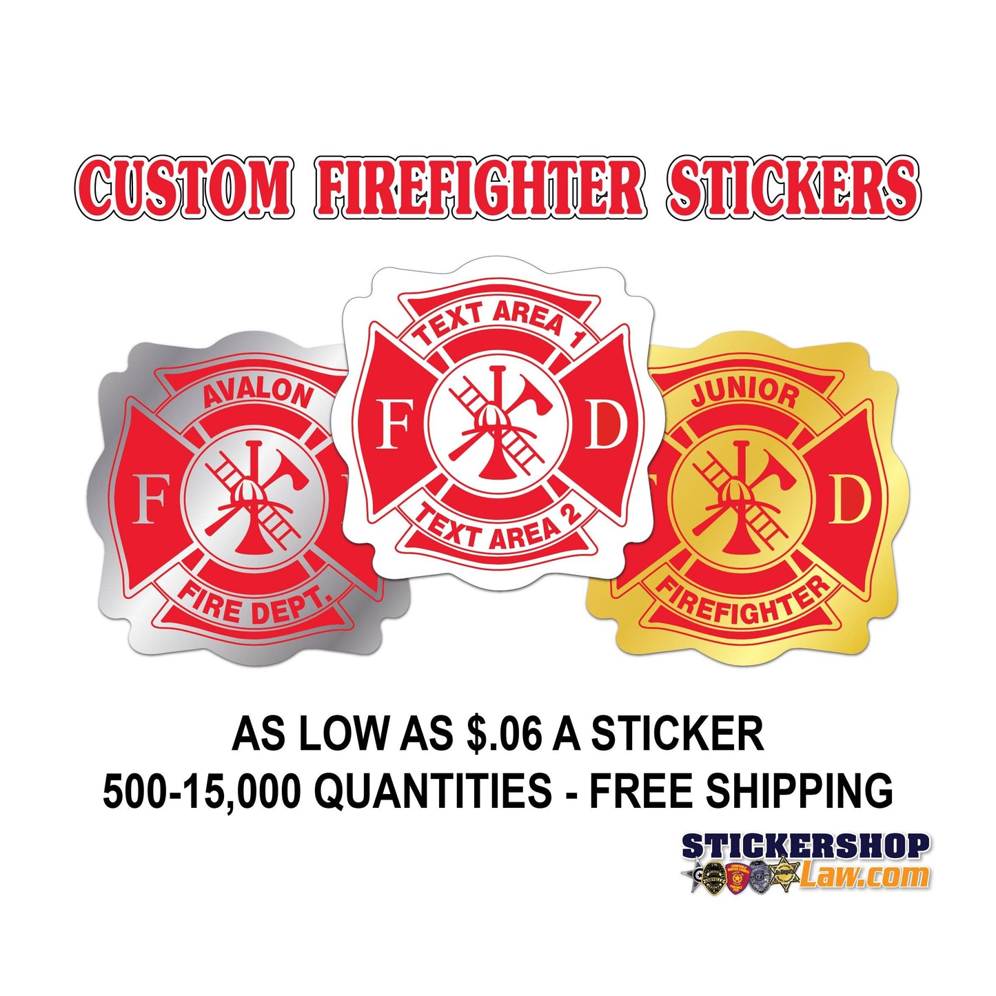 Fire Department Stickers - 500+ Junior Firefighter Stickers - Maltese Cross Badges- Free Proof Before Printing - White/Silver/Gold Labels